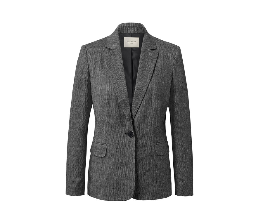 Detailansicht eines grauen Webblazers in Herringbone-Optik.