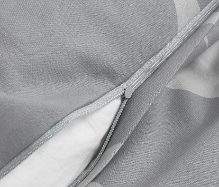 Detailansicht grauer Renforcé-Bettwäsche in Normalgröße mit Reißverschluss.