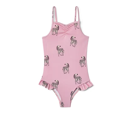 Rosa Badeanzug mit Rüschen und Zebra-Print.