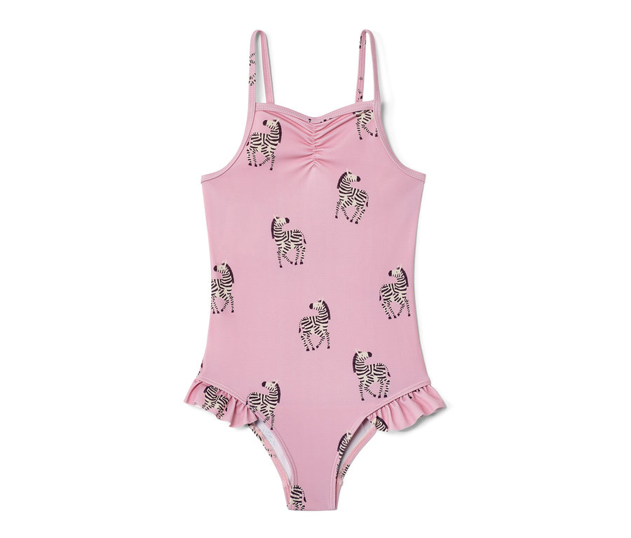 Rosa Badeanzug mit Rüschen und Zebra-Print.
