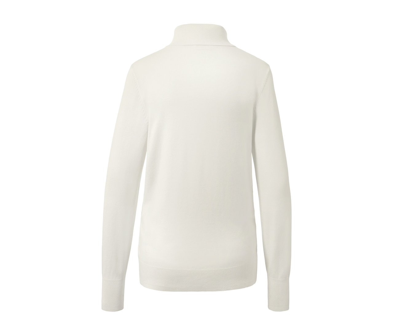 Detailansicht eines cremeweißen Feinstrick-Rollkragenpullovers.