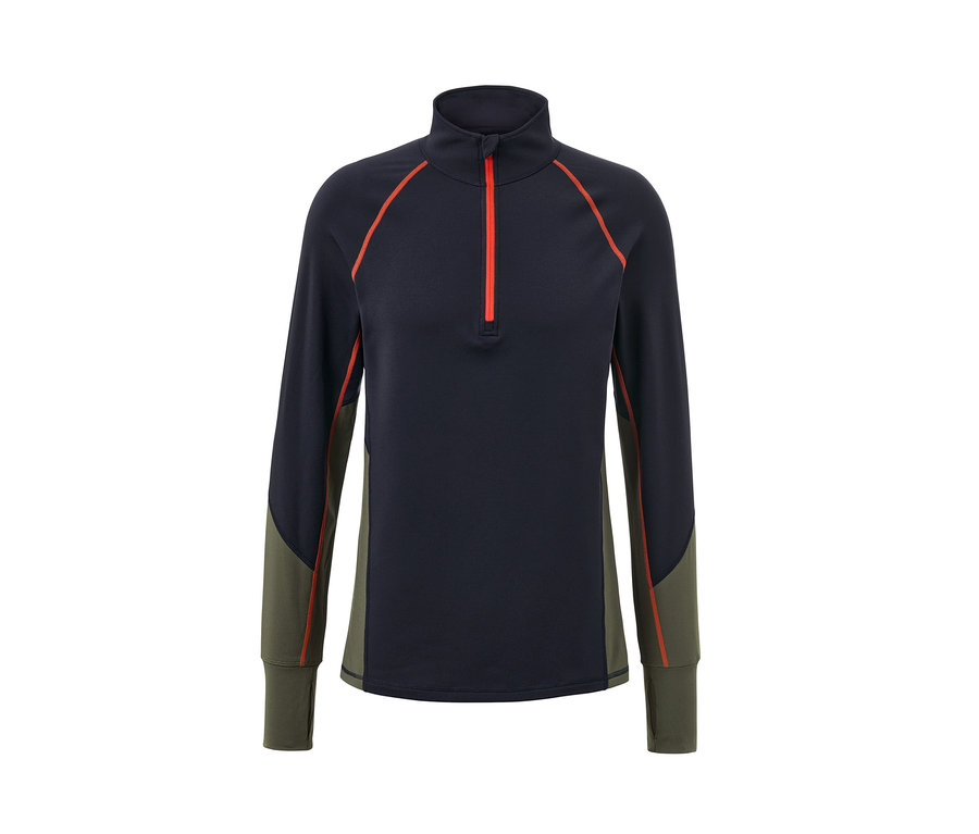 Blau-schwarzes Thermo-Funktionsshirt mit langen Ärmeln und rotem Reißverschluss.
