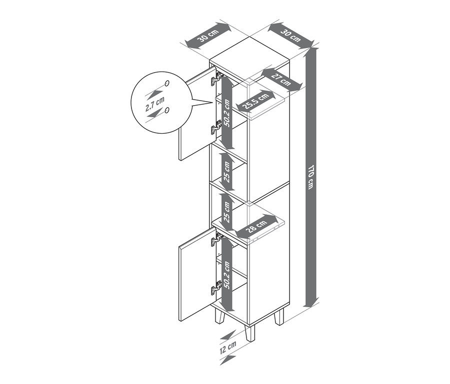 Eine grafische Darstellung eines Bad-Hochschranks mit offenem Fach und 2 Türen, inklusive Bemaßung.