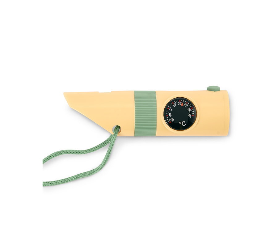 Ein gelbes, kompaktes Outdoor-Tool mit Thermometer und grüner Schnur.