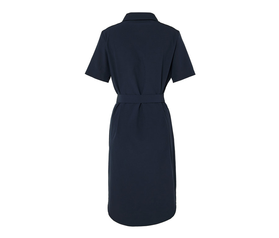 Dunkelblaues Funktions-Kleid mit kurzen Ärmeln und Gürtel.