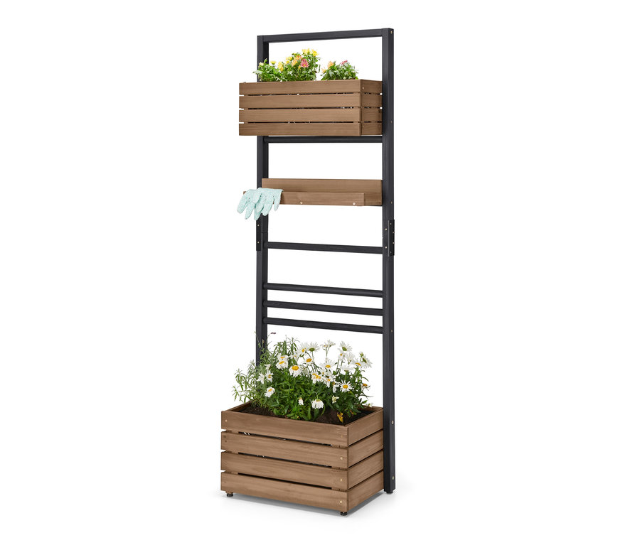 Schwarzes Metallgestell mit Pflanzwand »Elin« mit Blumen und Gartenhandschuhen.