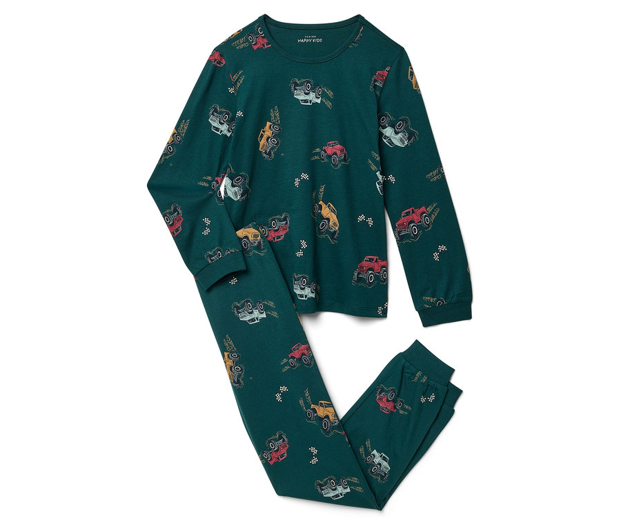 Grüner Schlafanzug mit Monstertruck-Print.