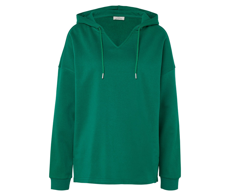 Grüner Kapuzenpullover mit Kordelzug.