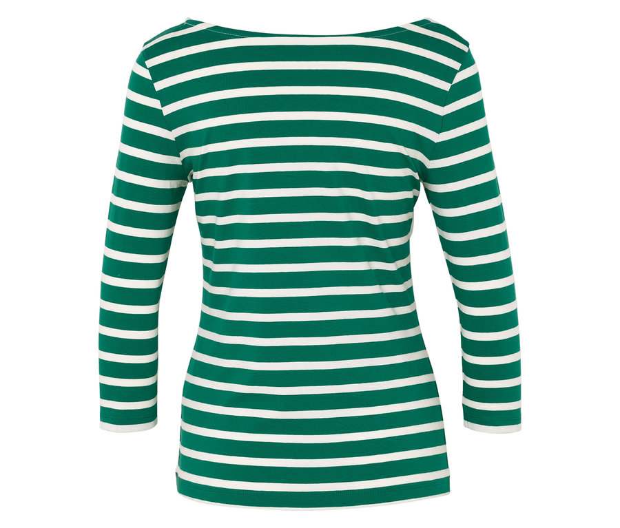 Grün-weiß gestreiftes Langarmshirt.