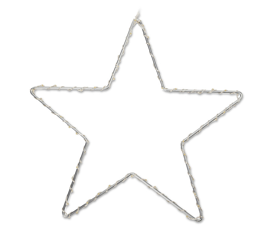 Silberner Drahtstern mit kleinen Lichtern auf weißem Hintergrund.