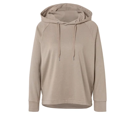 Ein beiger Kapuzenpullover mit Kordelzug.