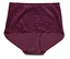 Eine bordeauxrote Damenunterhose mit Spitze liegt auf einem weißen Hintergrund.