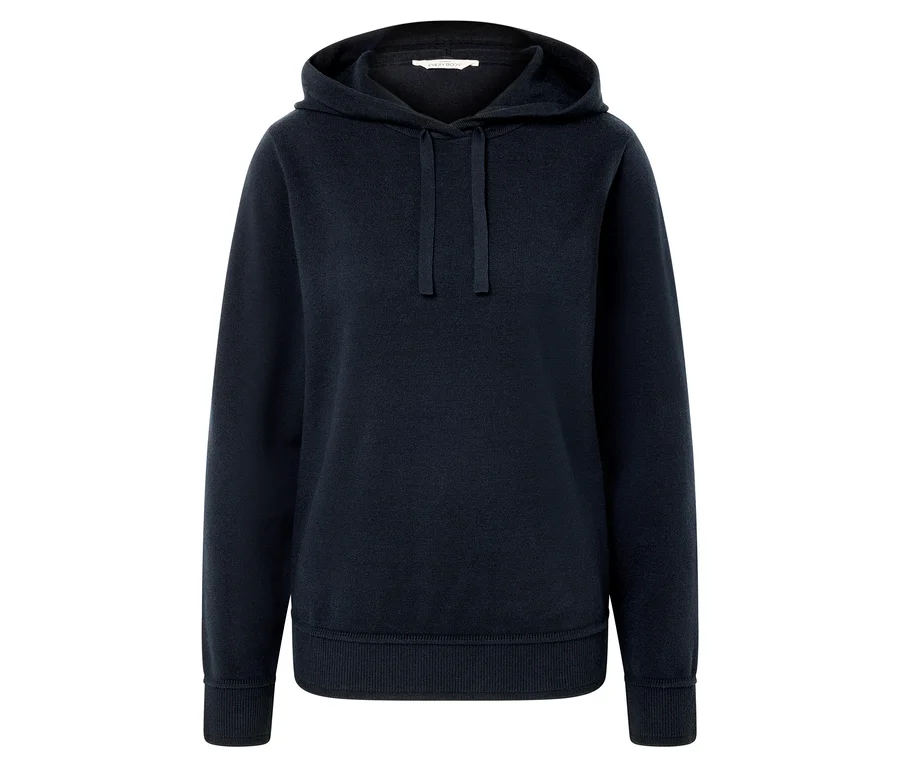 Dunkelblauer Kapuzenpullover mit Kordelzug.