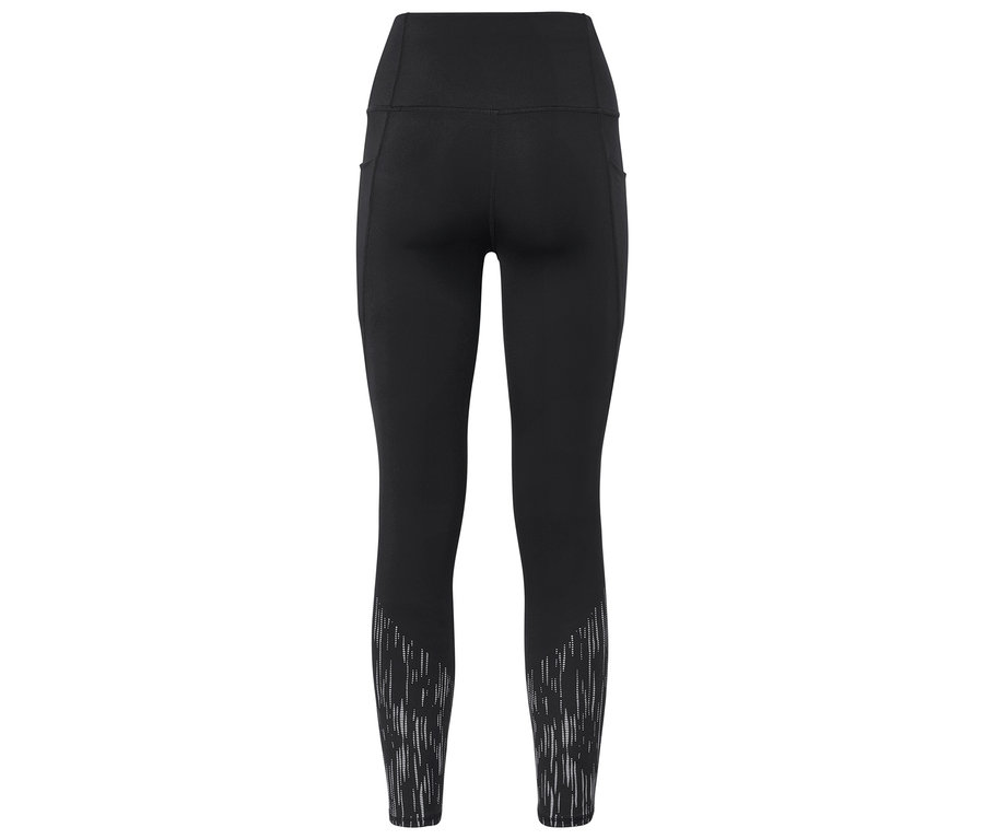 Schwarze Leggings mit hohem Bund und weißem Muster am unteren Bein.