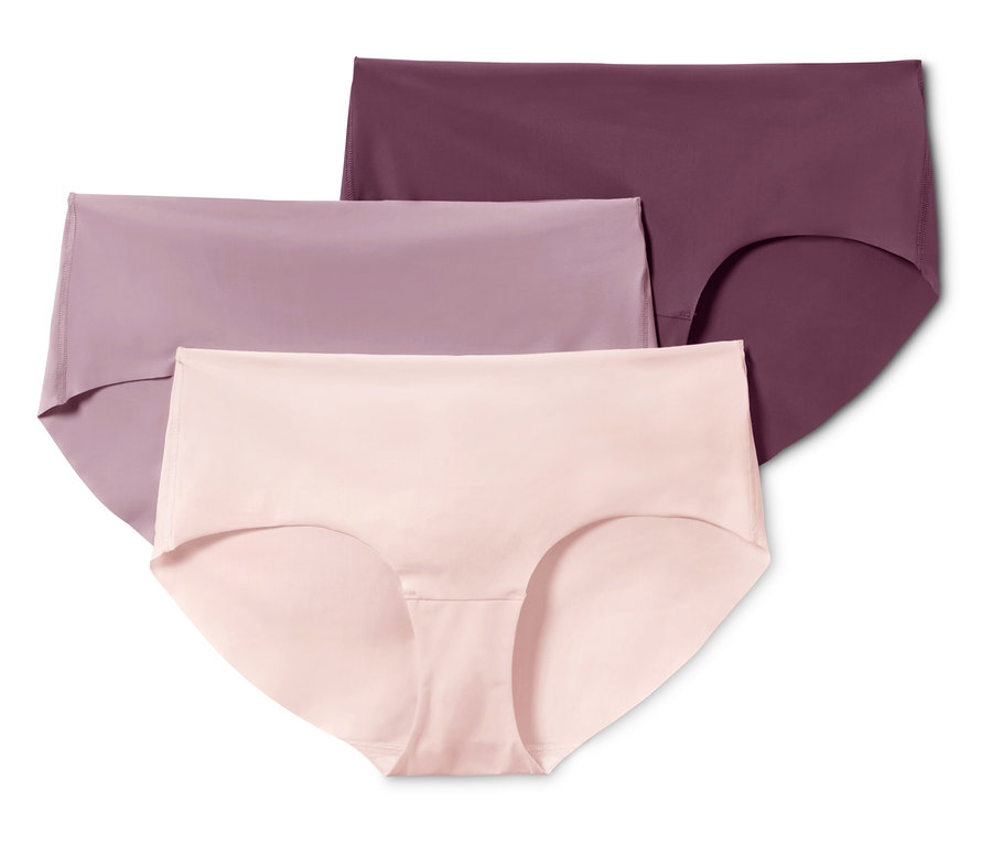 Drei Damenslips in den Farben Hellrosa, Helllila und Dunkellila.