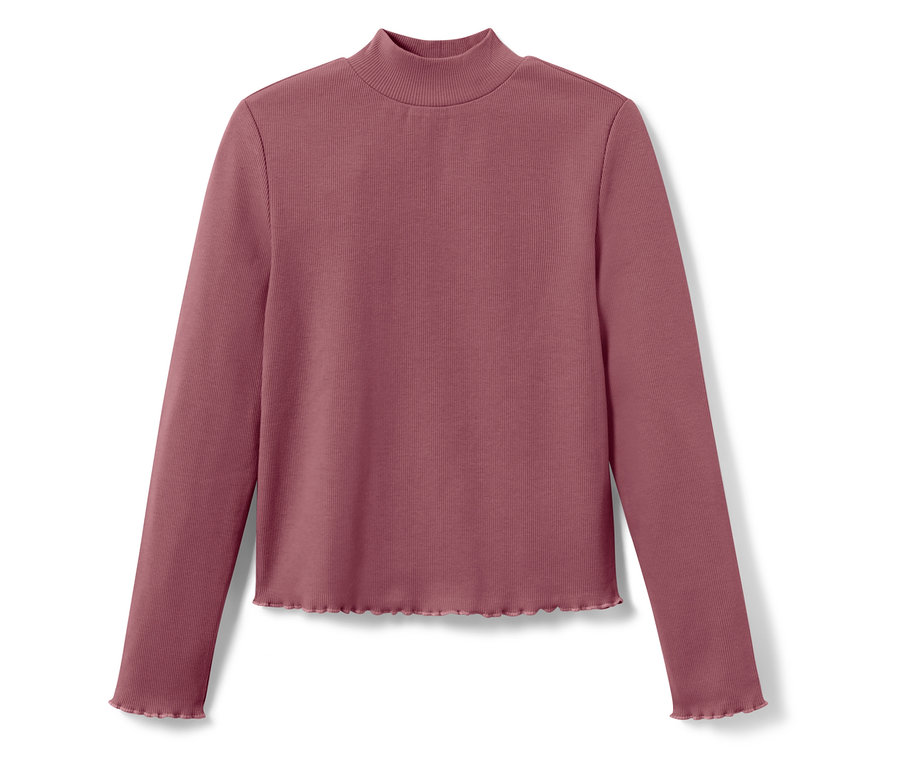 Weinrotes, geripptes Langarmshirt mit Rollkragen.