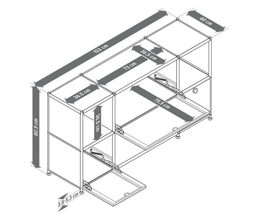 Draufsicht eines modularen Schranksystems mit Größenangaben in Zentimetern.