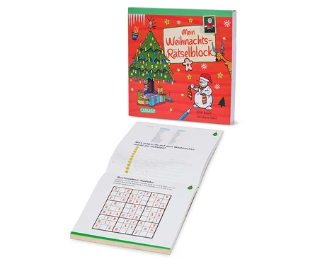 Das Bild zeigt einen geöffneten Rätselblock mit dem Titel "Mein Weihnachts-Rätselblock".