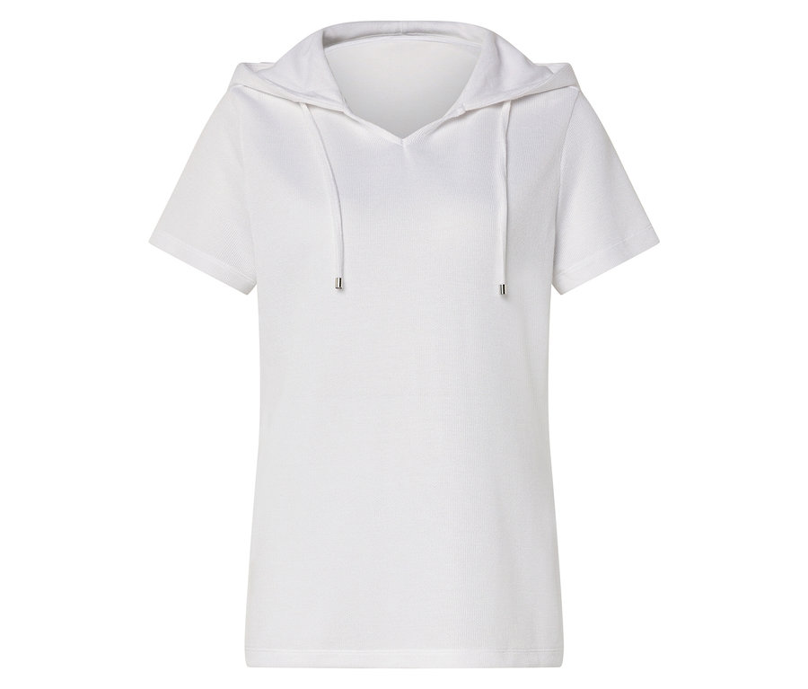 Weißes T-Shirt mit Kapuze und Kordelzug.