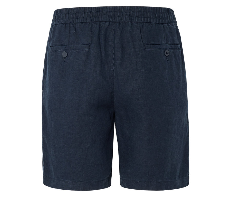Nahaufnahme der Rückseite von marineblauen Shorts mit elastischem Bund und zwei geknöpften Gesäßtaschen.