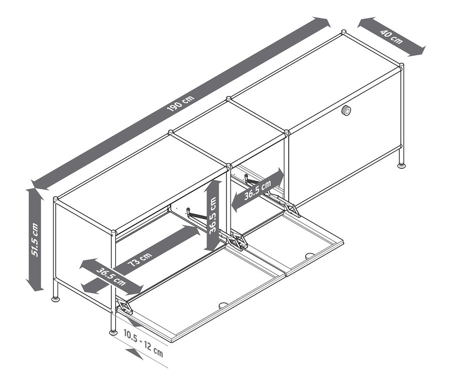 Draufsicht auf ein Metall-Lowboard »CN3« mit drei Klappenfächern, eines davon geöffnet. Das Lowboard ist in hellgrau und taupe erhältlich.