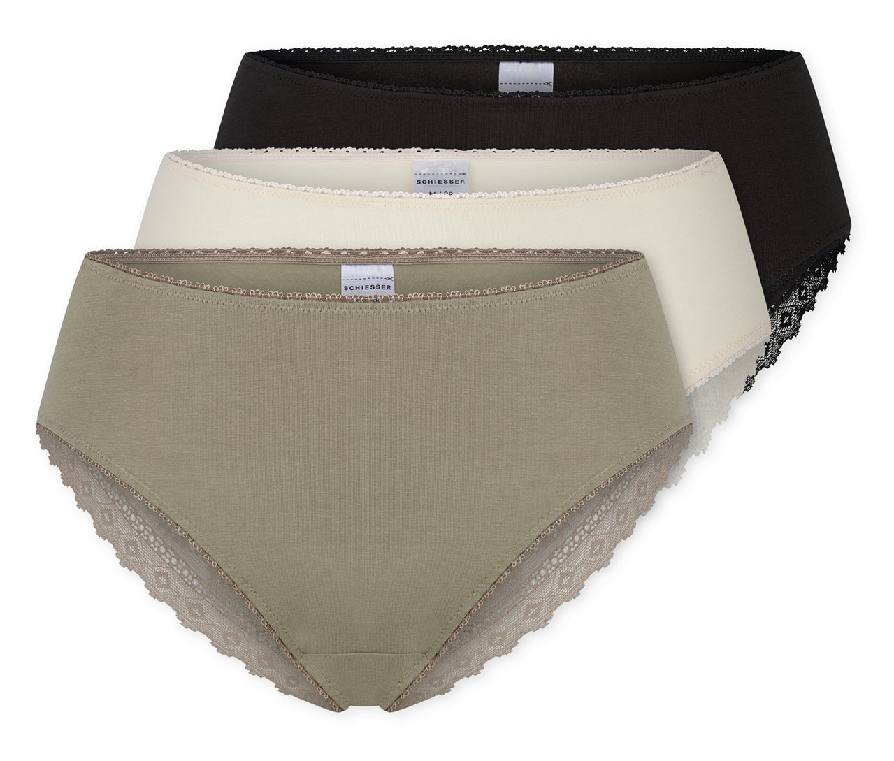 Drei Slips in Schwarz, Beige und Olivgrün liegen übereinander, alle mit Spitzendetails.