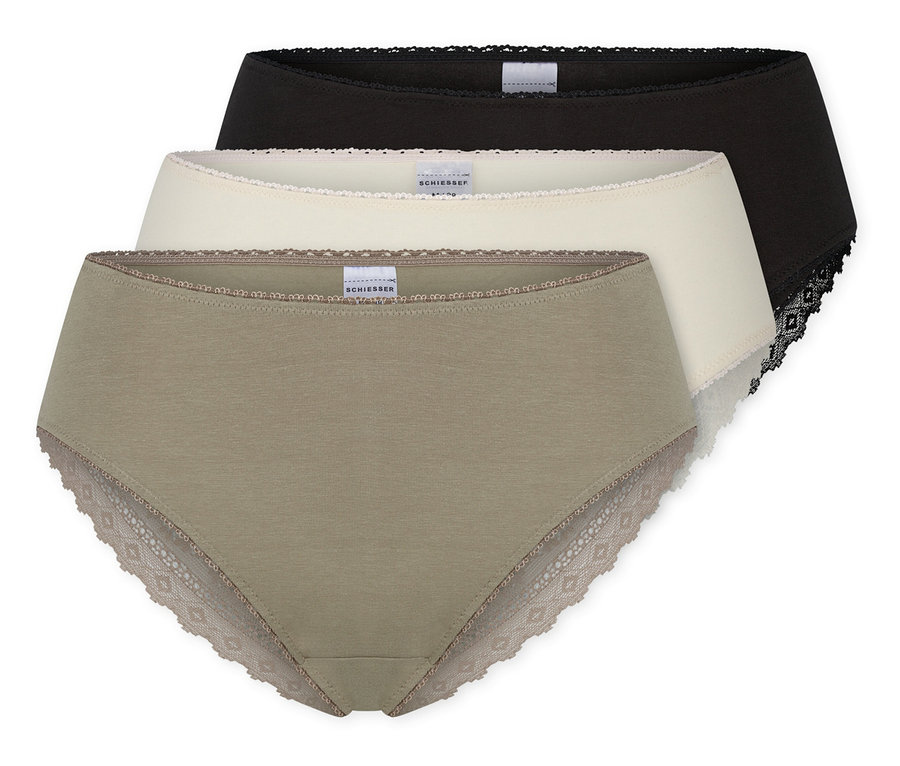 Drei SCHIESSER Brazilian-Slips in Schwarz, Creme und Olivgrün, übereinander gestapelt, mit Spitzenbesatz.