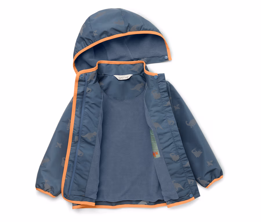 Geöffnete, blaue Kinderjacke mit Kapuze und Dinosaurier-Muster, orangefarbenen Akzenten und blauem Innenfutter.