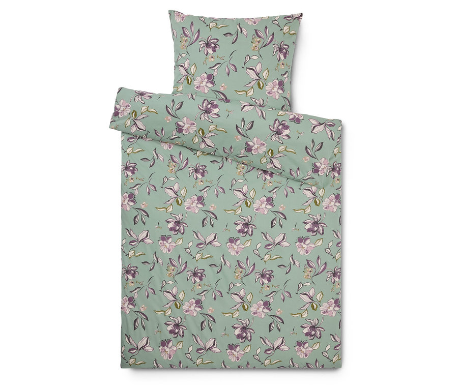 Bettwäsche-Set mit Blumenmuster auf mintfarbenem Grund, inklusive Kissenbezug.