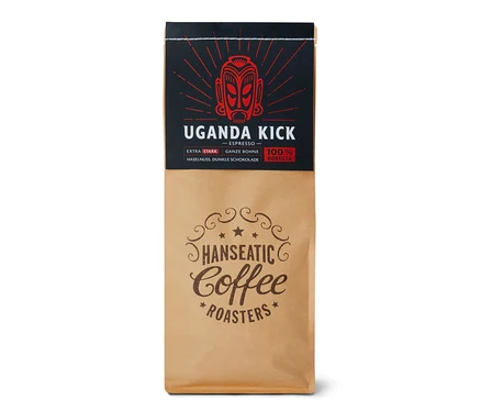 Eine Packung Hanseatic - Uganda Kick Espresso - 1 kg Ganze Bohne.