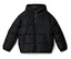 Schwarze Steppjacke mit Kapuze und Reißverschluss.
