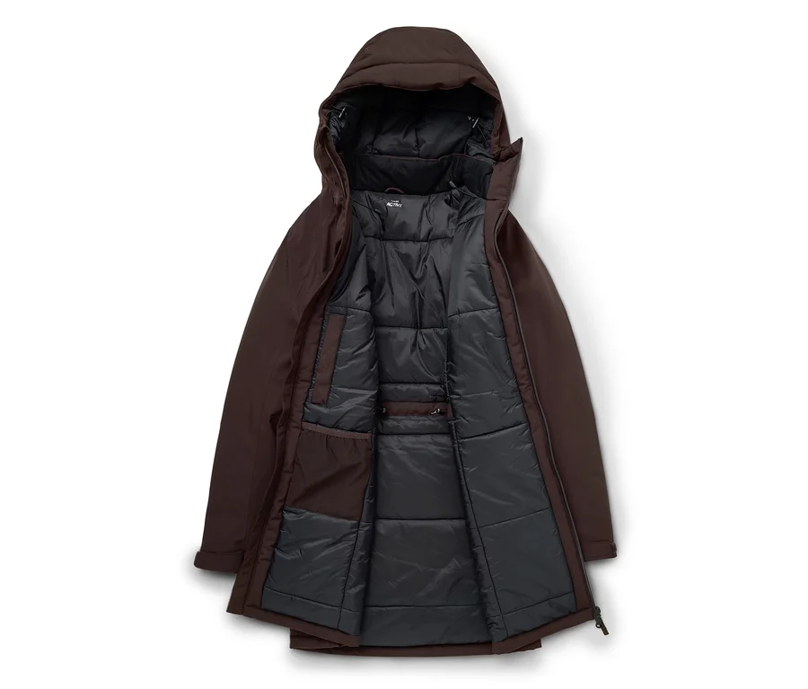 Braune Winterjacke mit Kapuze, geöffnet, um ein schwarzes, wattiertes Futter und Innentaschen zu zeigen.