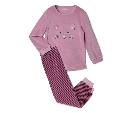 Rosa Velours-Pyjama für Kinder mit langärmeligem Oberteil mit Katzenmotiv und gestreiften Hosen.