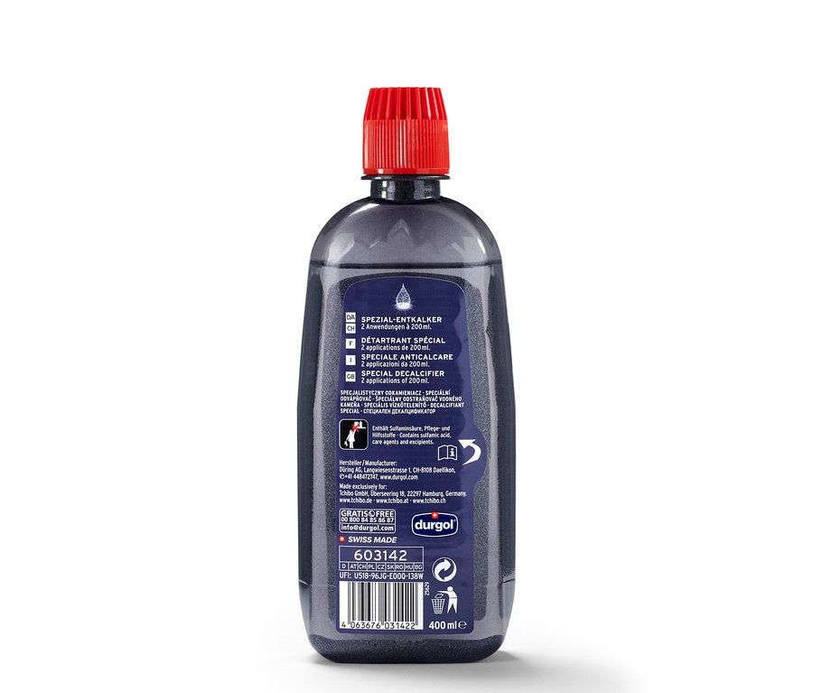Eine Flasche durgol® Spezial-Entkalker, 400 ml, mit rotem Verschluss.