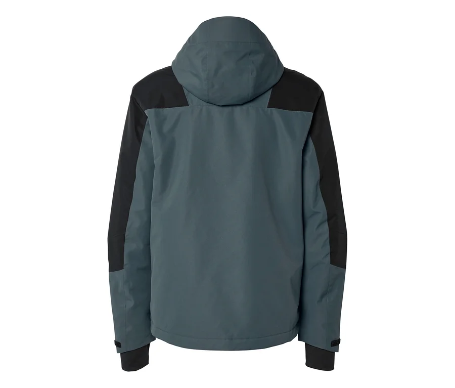Rückansicht einer zweifarbigen Jacke in Dunkeltürkis und Schwarz mit Kapuze und verstellbaren Ärmelbündchen.