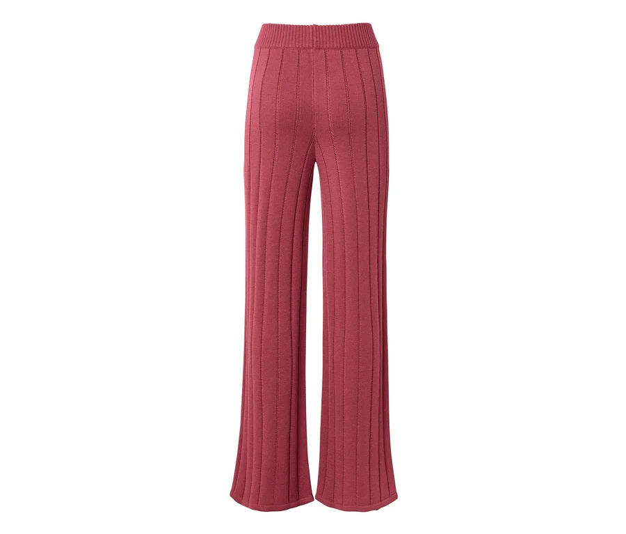 Dunkelrosa gerippte Strickhose mit weitem Bein und hohem Bund.