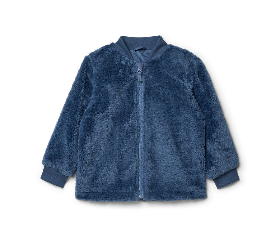 Blaue Fleecejacke mit durchgehendem Reißverschluss, geripptem Kragen und gerippten Bündchen.