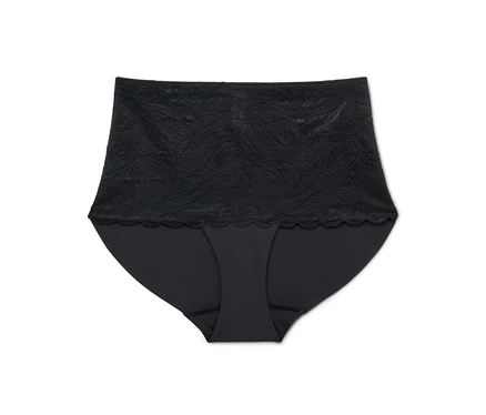 Schwarzer, hochtaillierter Damen-Slip mit Spitze auf weißem Hintergrund.