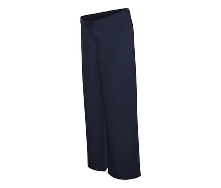 Dunkelblaue, weit geschnittene Hose mit elastischem Bund und Knopfverschluss.