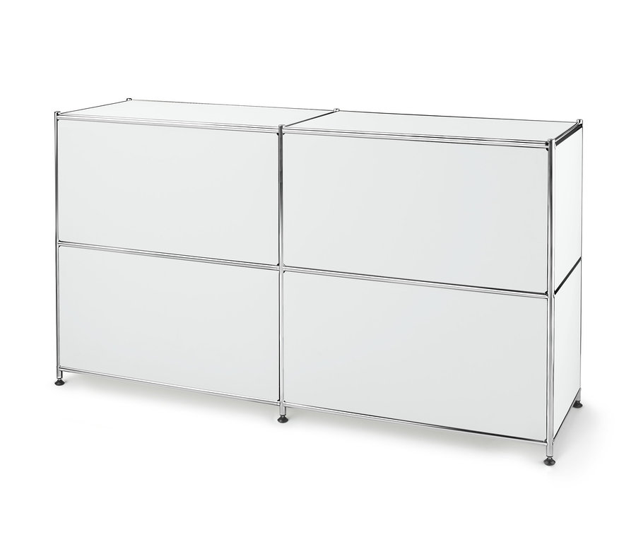 Weißes Metall-Sideboard mit 2 versetzbaren Klappenfächern.
