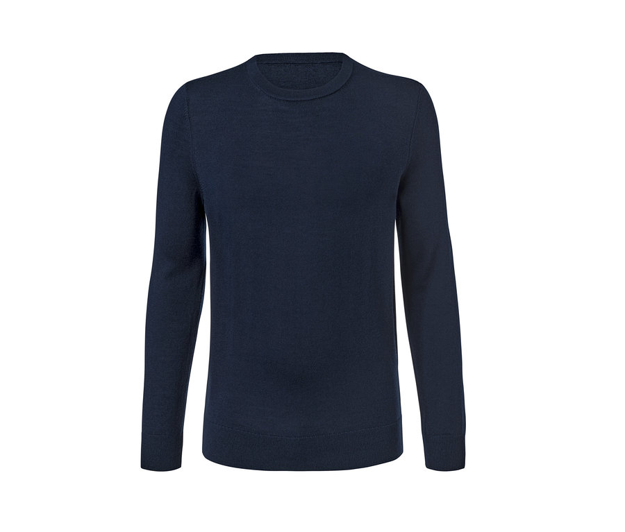 Dunkelblauer Merino-Pullover mit Rundhalsausschnitt.