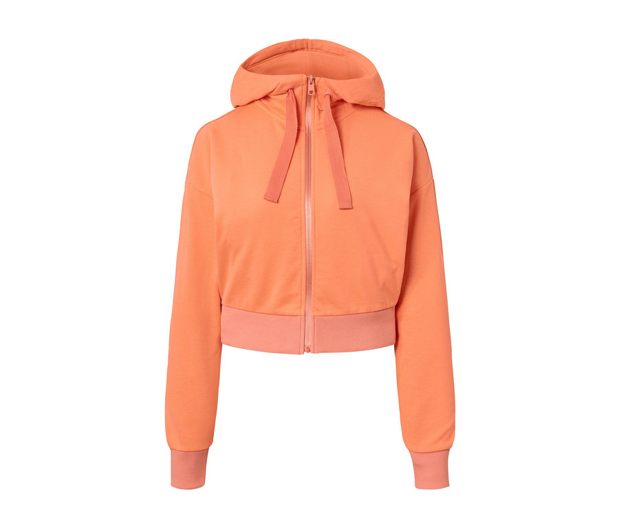 Orangefarbene, kurze Sport-Sweatjacke mit Reißverschluss in der Mitte.