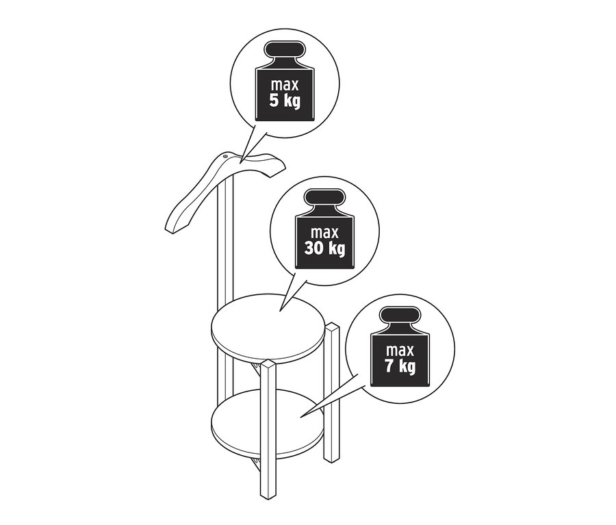 Schwarz-weiße Zeichnung eines Stummen Dieners mit zwei runden Ablagen und einem Kleiderbügel. Beschriftungen weisen auf die maximale Belastbarkeit der Ablagen und des Kleiderbügels hin.