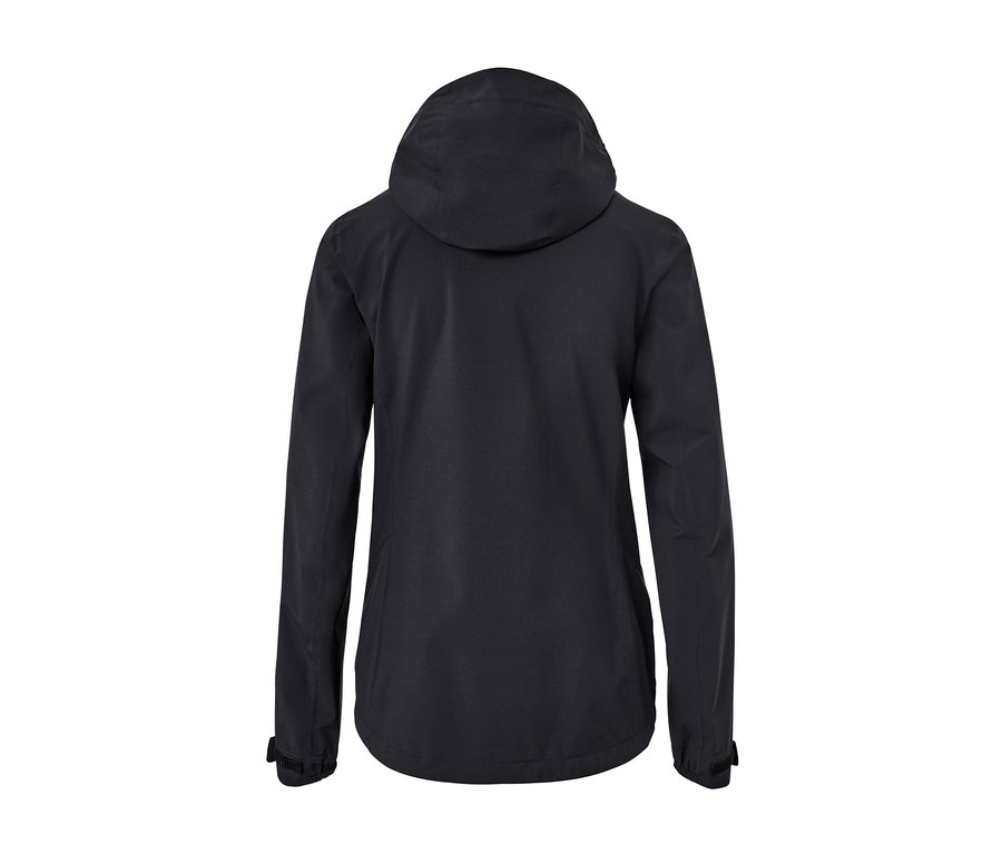 Rückansicht einer schwarzen Funktions-Regenjacke.