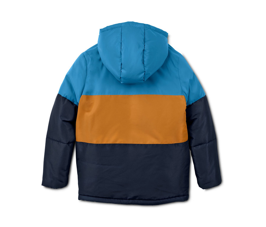 Detailansicht der Rückseite einer Thermojacke im Colorblocking-Design mit Kapuze in den Farben Blau, Braun und Dunkelblau.