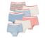Sieben Mädchen-Pantys in verschiedenen Farben und Mustern mit rotem Bund.