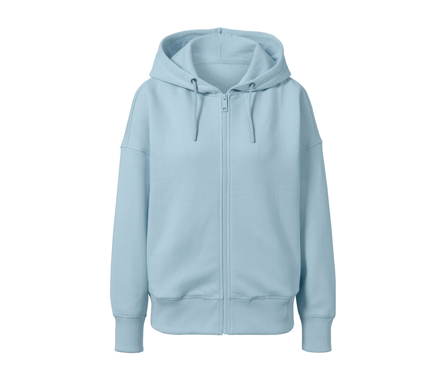 Helle blaue Sweatjacke mit Reißverschluss und Kapuze.