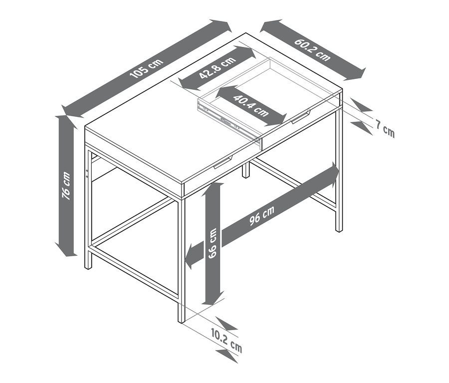 Skizze eines Schreibtisches mit Schubladen und Bemaßungen.
