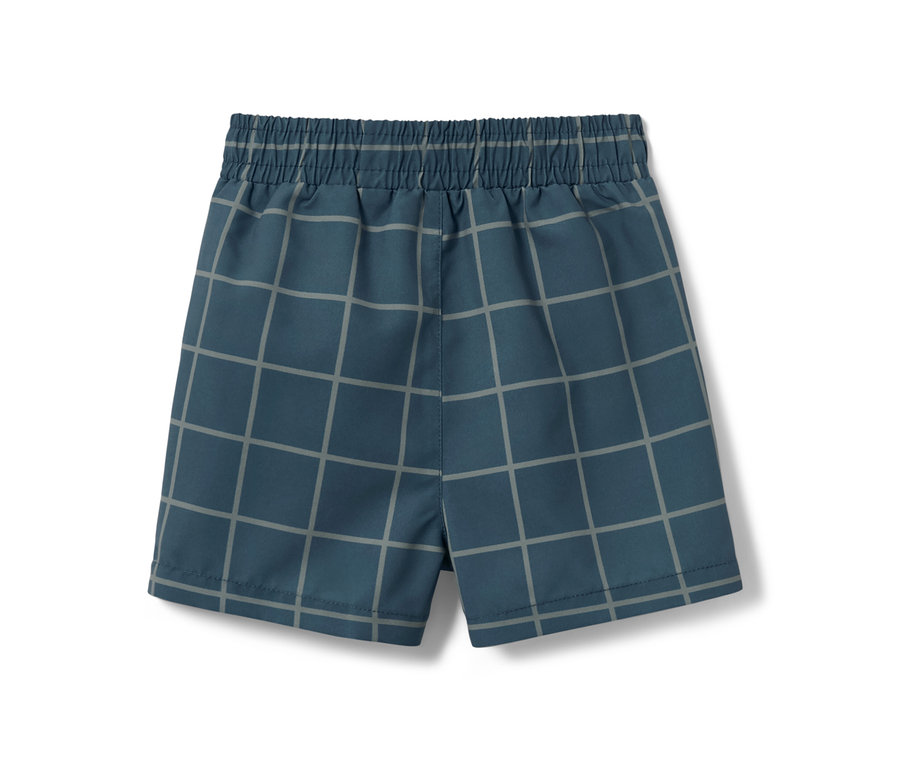 Blaue Kleinkind-Boardshorts mit grauem Karomuster.