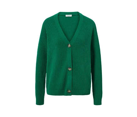 Grüne Grobstrick-Cardigan mit Knöpfen.